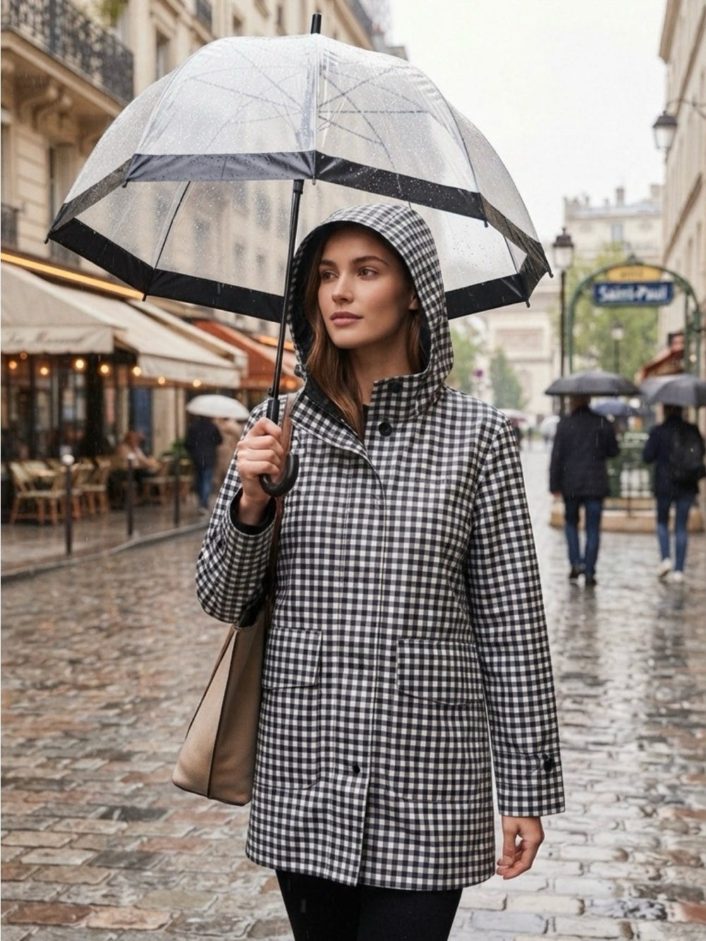 Checked black and white rain jacket with hood